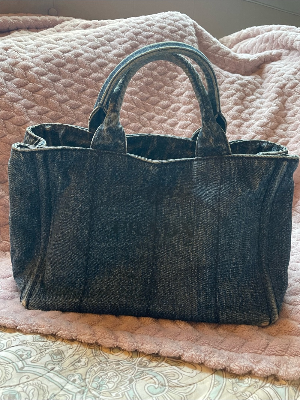 Prada Distressed Denim Canapa Tote Bag - Small Dark Blue with Black Logo